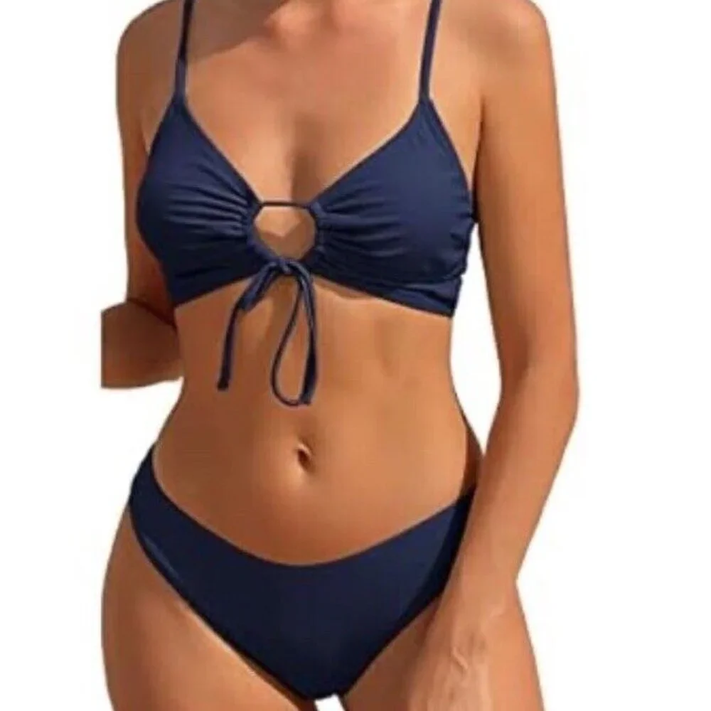 Zaful Navy Blue 2 Piece Keyhole Front Bikini Set Women's Size‎ 8/L Cut Out NWOT